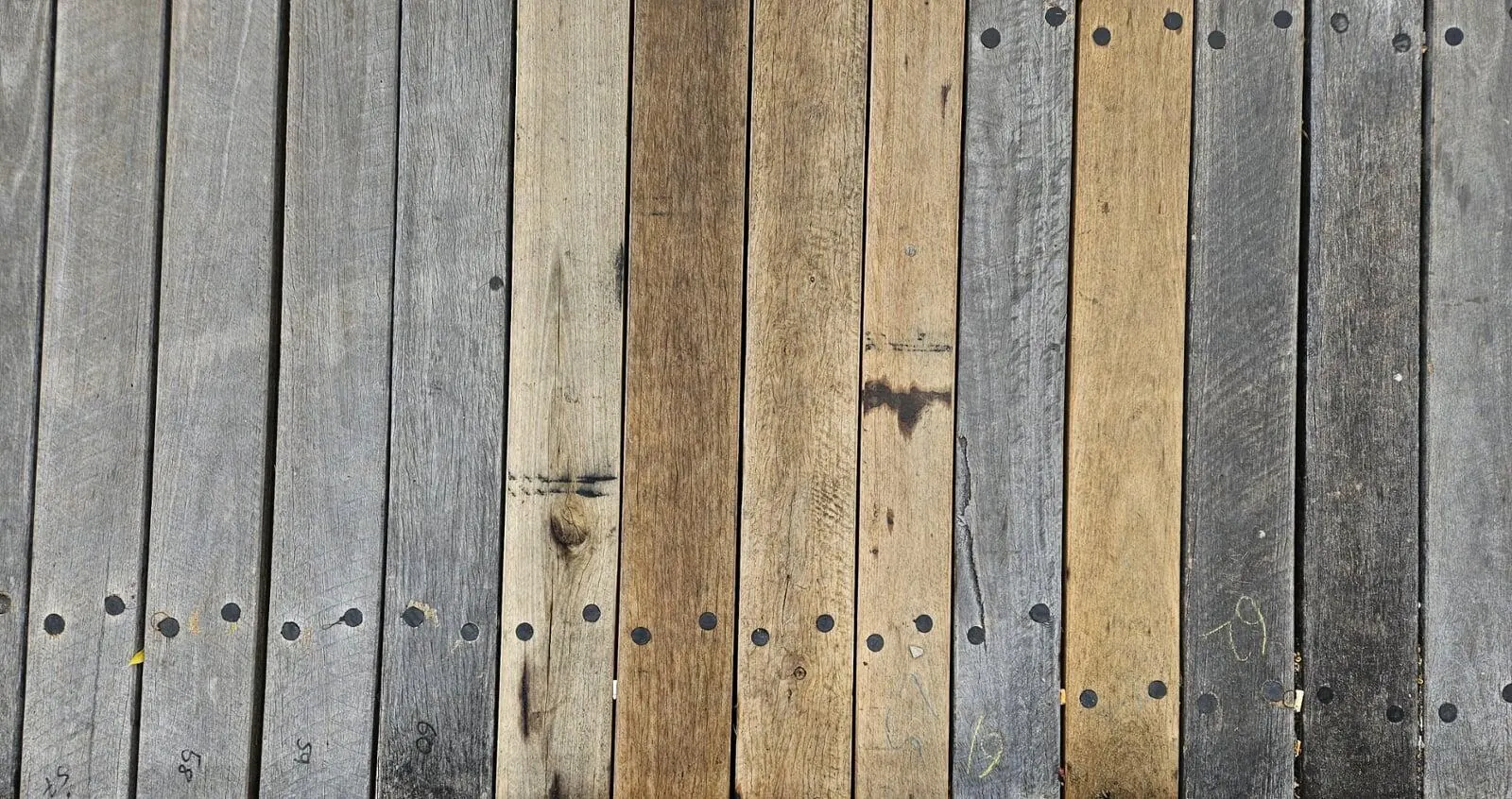 Hardwood deck boards showing weathered silver-grey and oiled tones